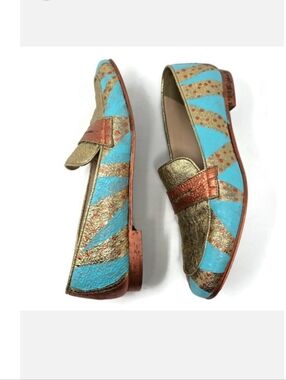 One Of A Kind Hand Painted Crinkle Gold Penny Loafers J Crew Women's 8